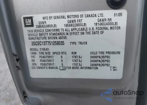 2005 Chevrolet Silverado 1500 Ls z USA, uszkodzony, nr VIN 2GCEC13T751258035